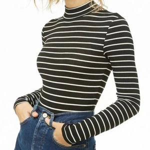 J. Crew Women’s Ribbed Striped Mock Neck Bodysuit Tee Size Large